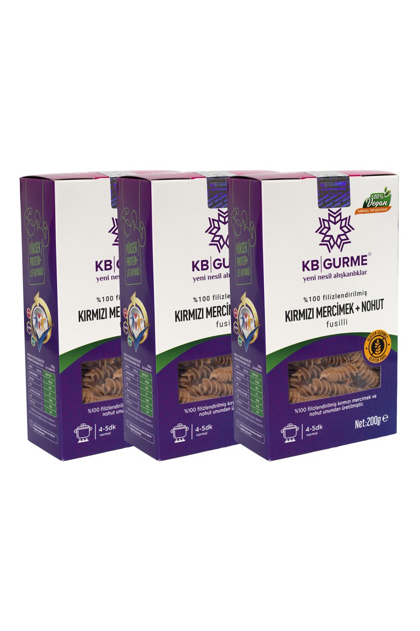 Glutensiz & Vegan Kırmızı Mercimek + Nohut Fusilli 200gr 3 Adet