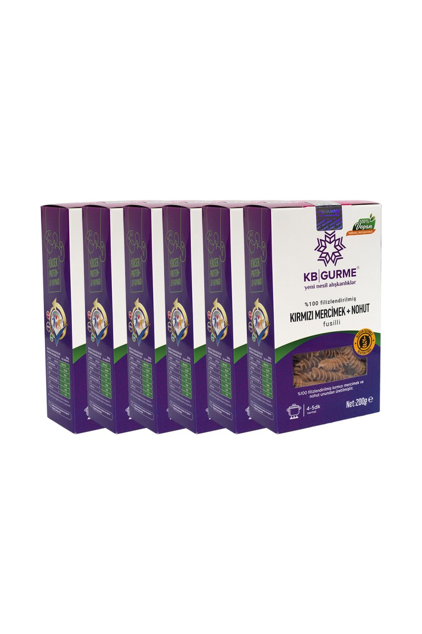 Glutensiz & Vegan Kırmızı Mercimek + Nohut Fusilli 200gr 6 Adet