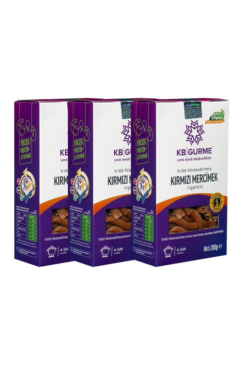 Glutensiz & Vegan Kırmızı Mercimek Makarna Rigatoni 200gr 3 Adet