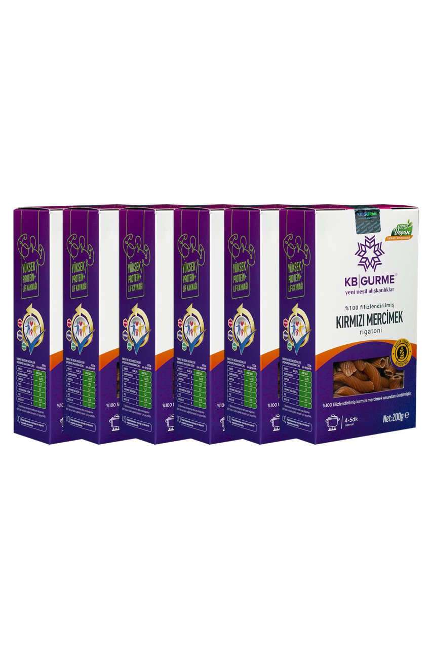 Glutensiz & Vegan Kırmızı Mercimek Makarna Rigatoni 200gr 6 Adet